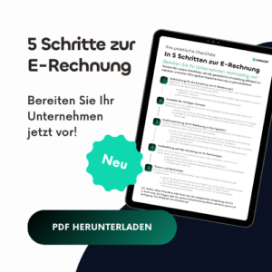Grafik zur Checkliste „5 Schritte zur E-Rechnung“ mit Tablet-Vorschau und Downloadhinweis als PDF.